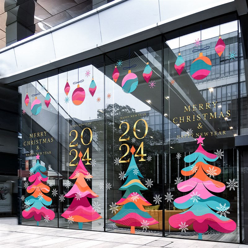 2024抽象彩色耶诞树玻璃门贴纸新年饭厅4S店雪花吊饰装.饰场景布