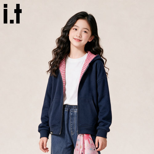 itGROUNDZERO女童格子帽开衫
