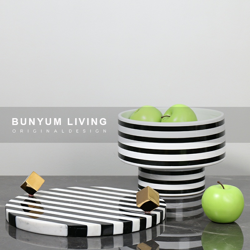 现代简约黑白条纹托盘样板房间桌B面摆件售楼处软装饰品餐桌收纳
