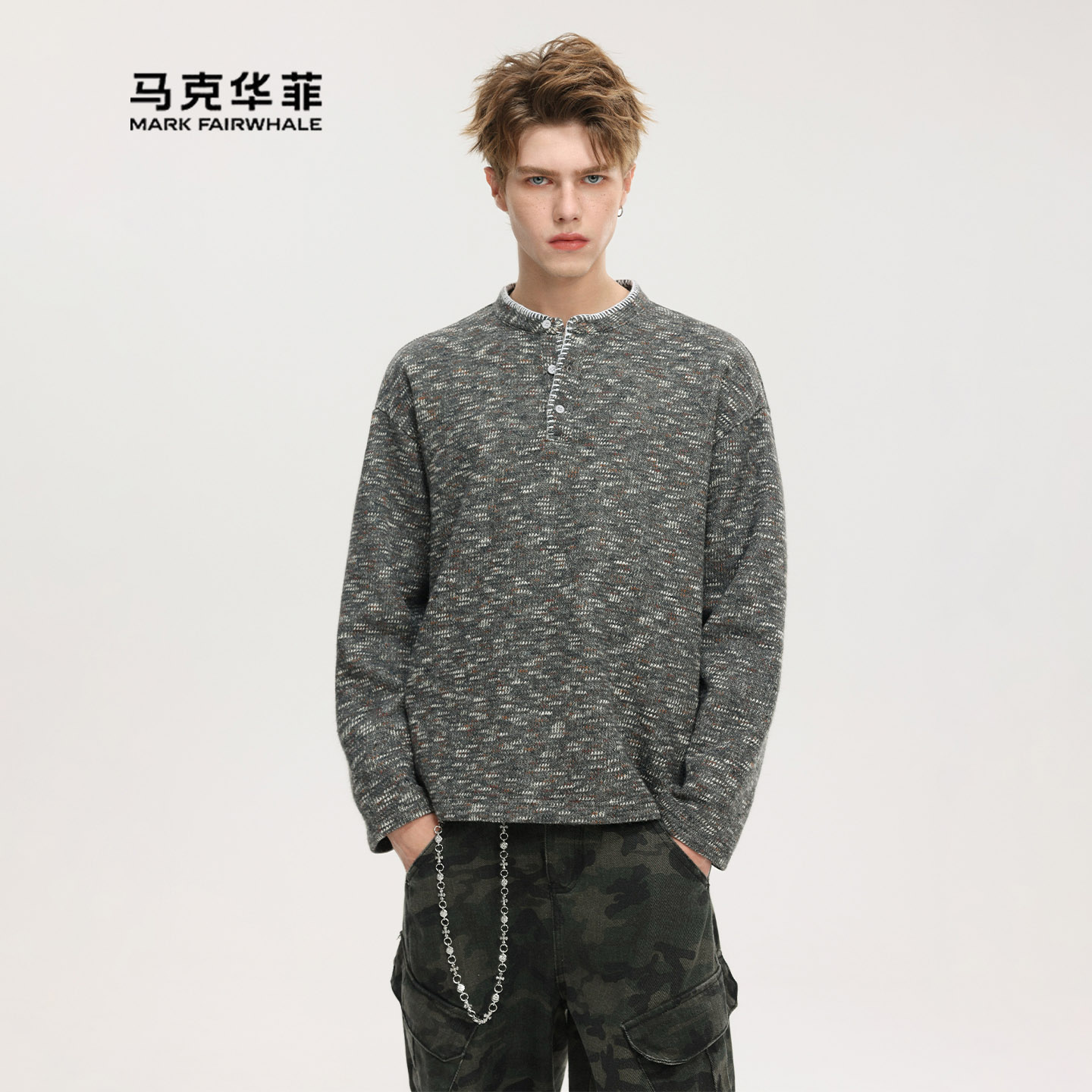 亨利领卫衣男灰色宽松慵懒风百搭