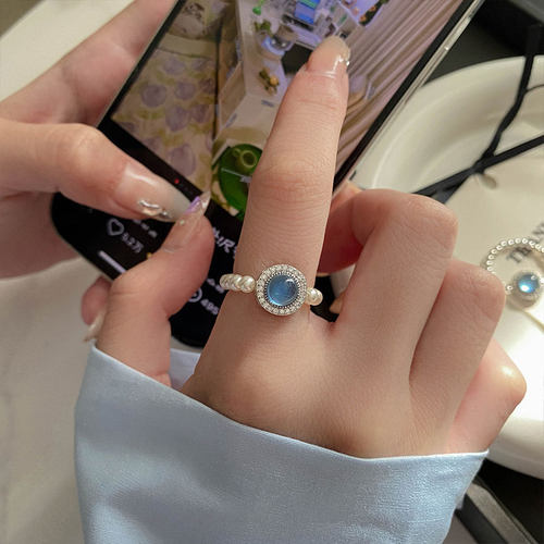 海蓝宝戒指软链施家珍珠迷你小珠复古高端小众独特高级感食指中指