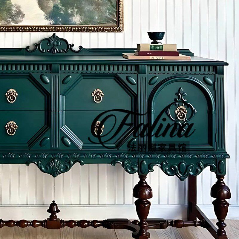 法式实木雕花餐边柜欧式新古典奢华黑色客厅边柜美式复古玄关柜