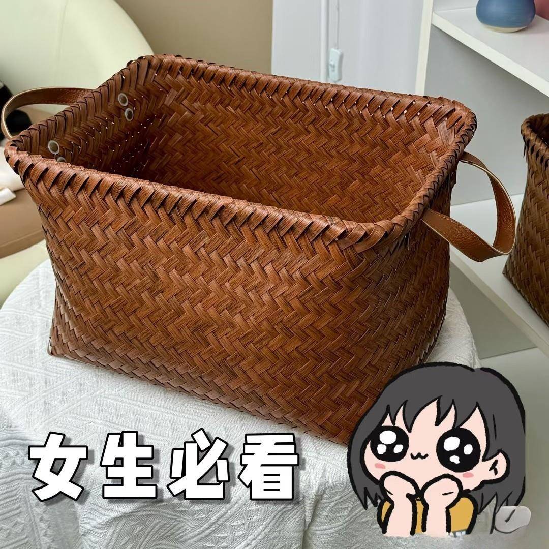 美式手工仿藤编收纳筐篮脏衣篓零食玩具车载储物小红书同款PU把手