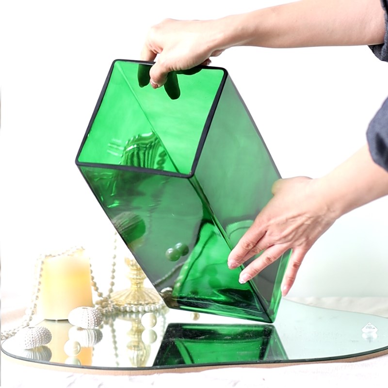 加厚绿色方形玻璃花瓶大号富贵竹水培插花方缸高级感婚礼客厅摆件