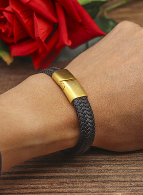 欧美复古黑色皮编织手链简约金色磨砂钛钢手环刻字可穿3D硬金