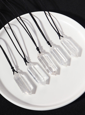 天然白水晶柱双尖原石吊坠民族风编织黑绳挂坠男女款挂件饰品礼物