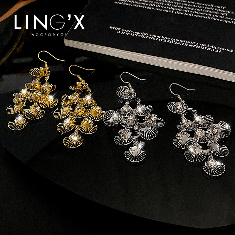 玲秀小众设计高级感镂空扇形贝壳耳环女亮片流苏耳挂气质夸张耳饰