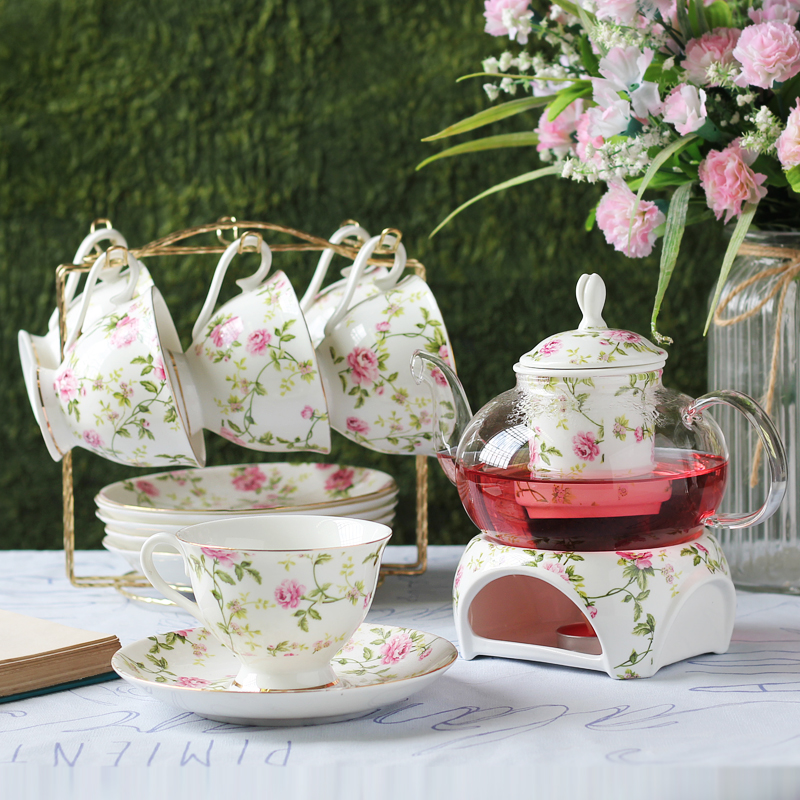 欧式花茶壶套装玻璃壶加热蜡烛炉煮水果底座陶瓷花草茶具茶壶过滤