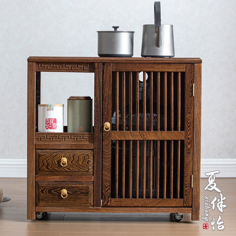 鸡翅木移动泡茶台办公室茶几客厅烧水壶一体实木茶水柜轻奢煮茶柜