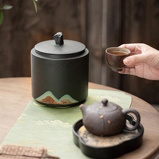百贝中式复古茶叶罐粗陶茶叶罐密封罐陶瓷轻奢存储罐支持LOGO定制