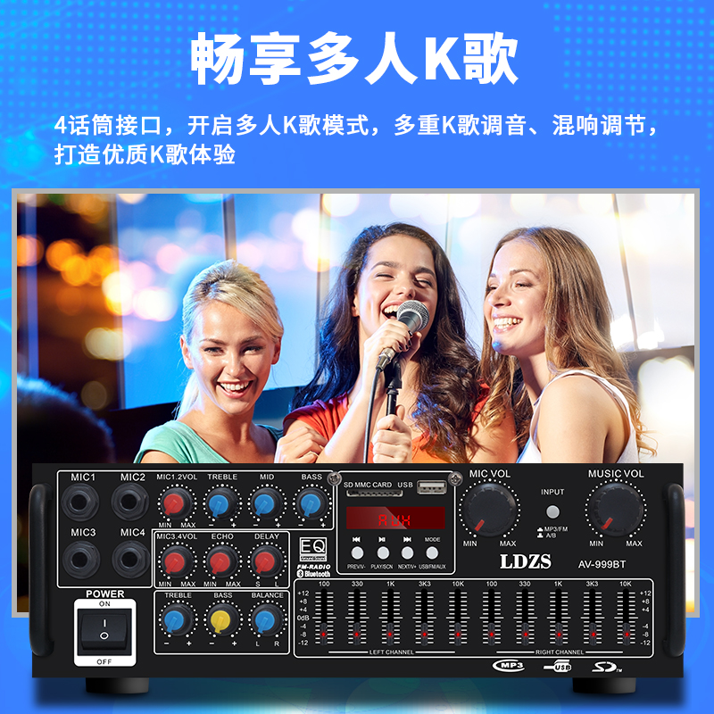 大功率功放机12V/220V蓝牙U盘插卡FM调音无损解码多人K歌功放