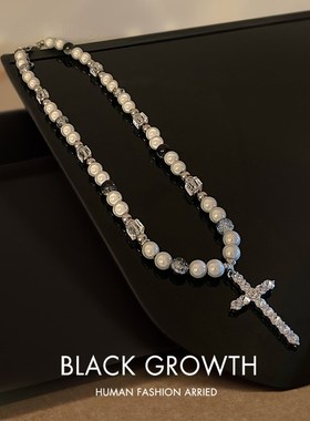 拼接反光珍珠项链男小众设计锁骨链十字架吊坠欧美嘻哈风女锁骨链