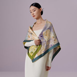 万事利真丝丝巾礼盒桑蚕丝105cm超大方巾手卷丝绸披肩-青烟凝紫