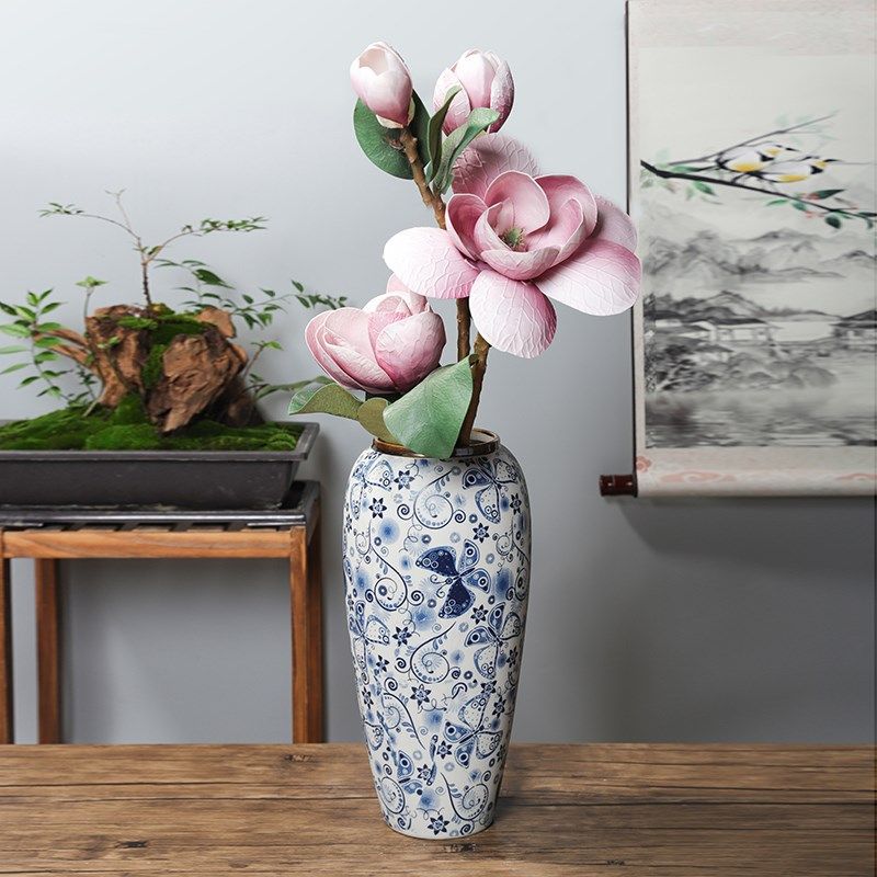 景德镇陶瓷花器中式软装样板房酒店民宿装饰品花瓶复古青花白蝴蝶
