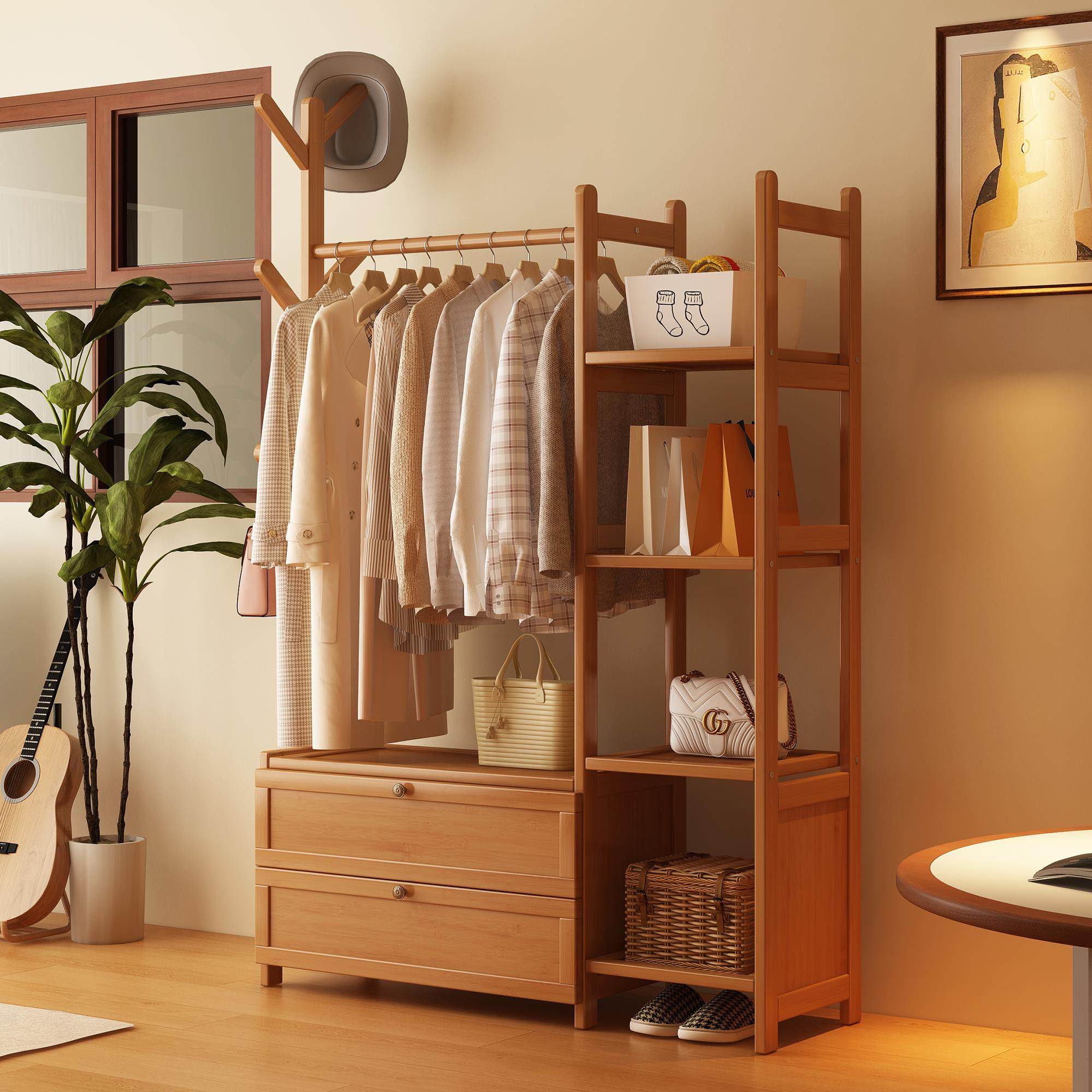 小户型家用衣柜挂衣架置物架一体中式复古风卧室床头衣帽架储物柜