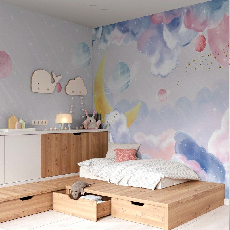 儿童房墙布女孩墙纸卧室梦幻星空壁纸云朵壁画墙壁纸壁布背景墙,家装主材,定制壁画,淘宝优惠券,粉丝福利购,淘宝优惠卷