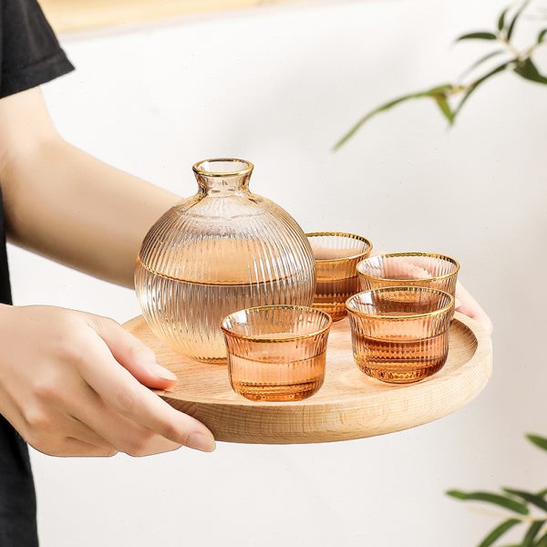 绿典 日式竖条纹香槟色金边玻璃清酒具套装一壶四杯 清酒壶分酒器