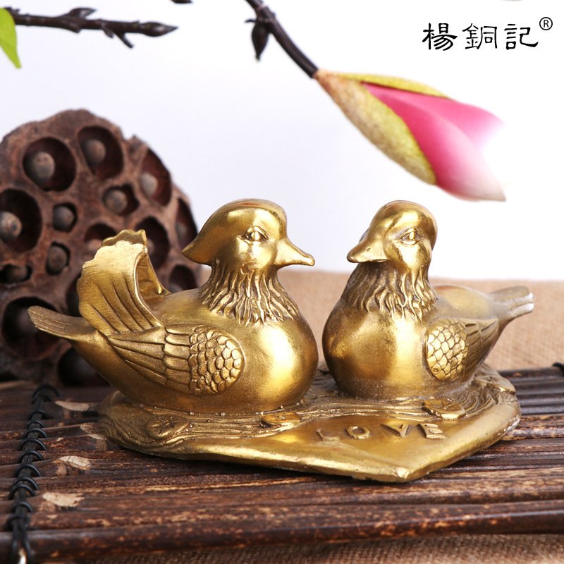 杨铜记 戏水鸳鸯心形 家居装饰品婚庆礼品  铜鸳鸯摆件