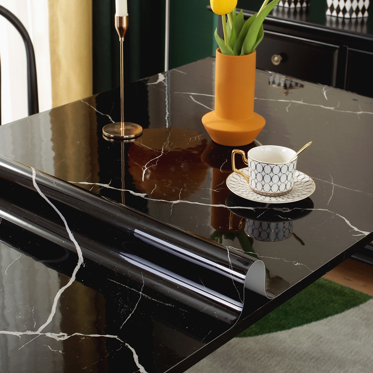 黑色大理石餐桌垫桌布免洗防水防C油轻奢高级感桌面茶几垫子桌布