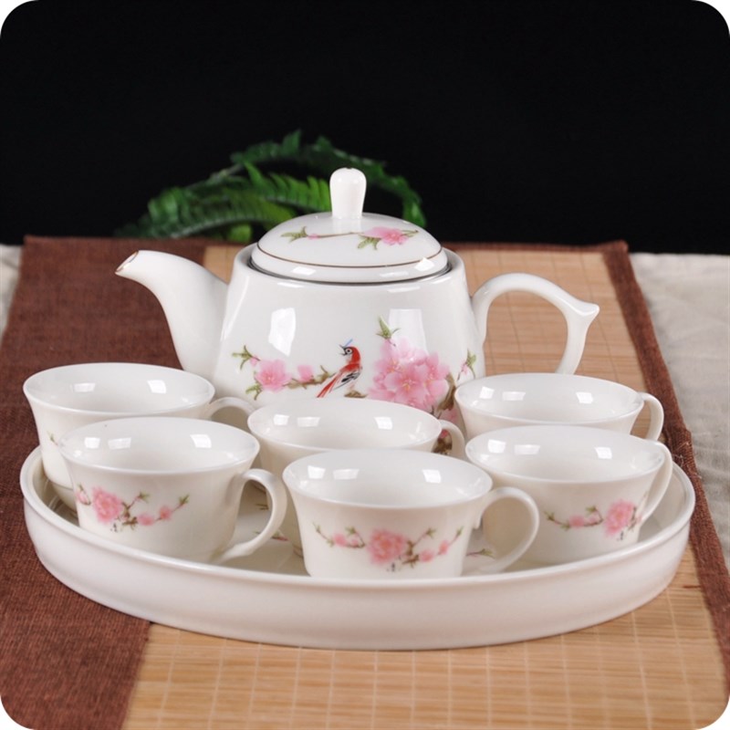 8头茶具套装家用茶壶有耳茶杯圆形瓷茶盘中式陶瓷功夫茶具整套装
