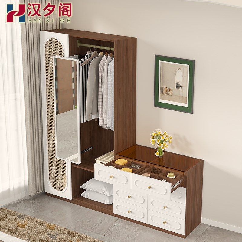 中古风仿藤色藤编衣柜床尾斗柜一体挂衣小户型卧室衣帽收纳架1A63