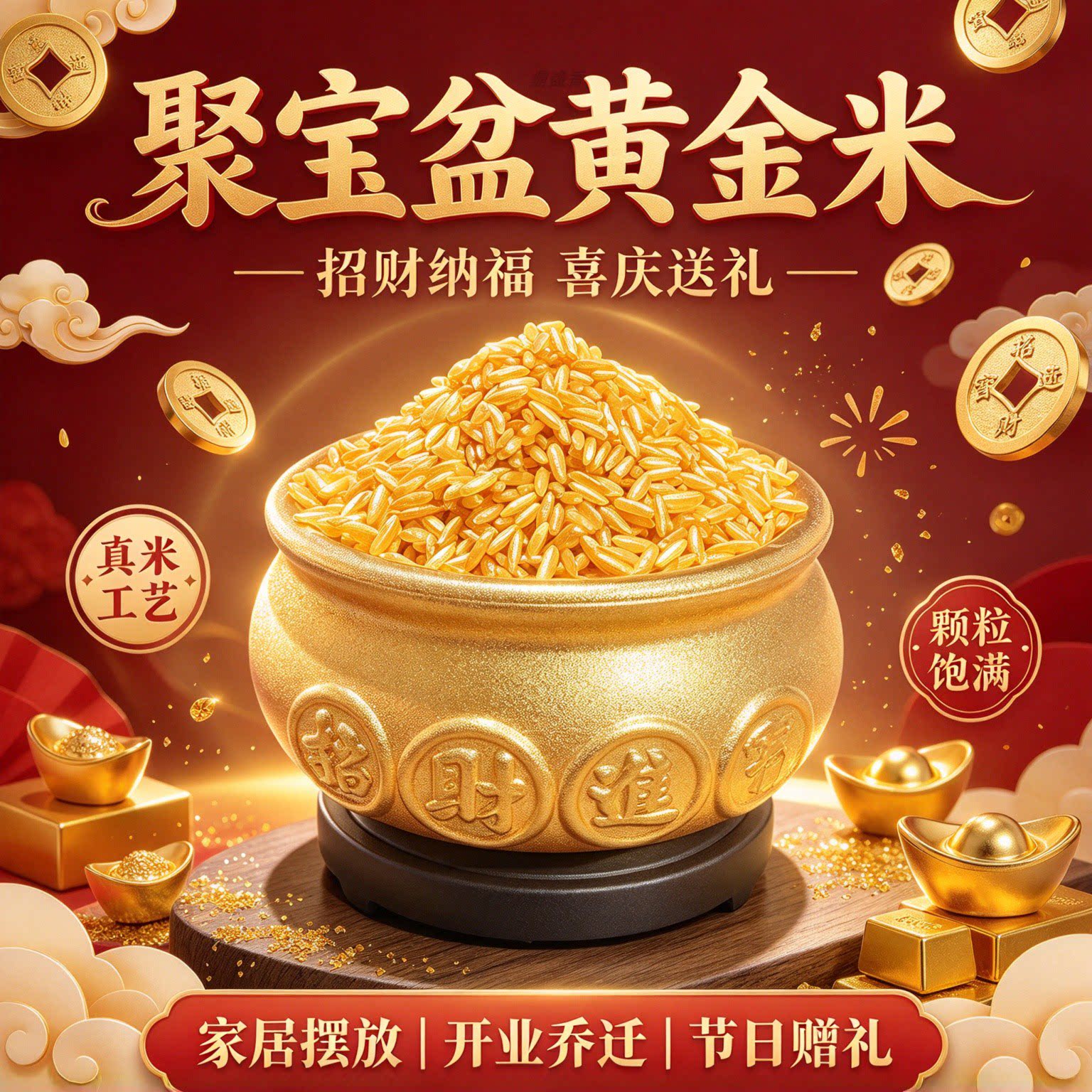 聚宝盆百福缸招财金米真米摆件财神金米福袋招财米乔迁开业店铺
