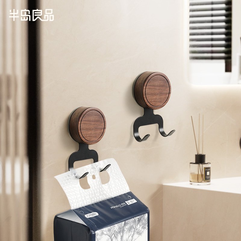 实木吸盘挂钩免打孔悬挂式抽纸专用卫生间强承重中古风胡桃木粘钩