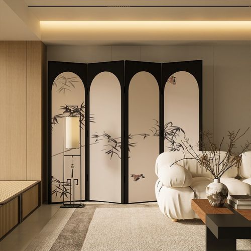东方美学新中式实木折叠移动屏风隔断客厅沙发背景墙实木竹子折屏