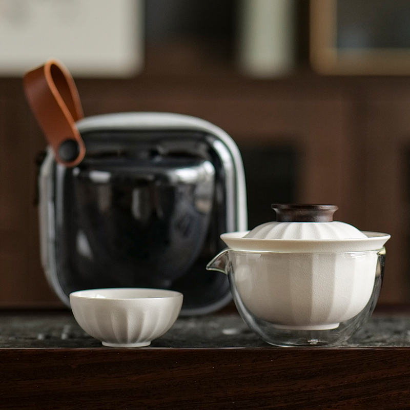 宋建白瓷快客杯户外陶瓷一壶三杯玻璃便携式旅行功夫茶具套装简约