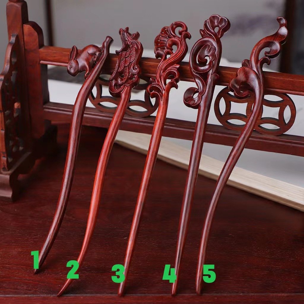 紫檀古风雕刻发簪盘发手工打磨木质工艺礼品古风礼品