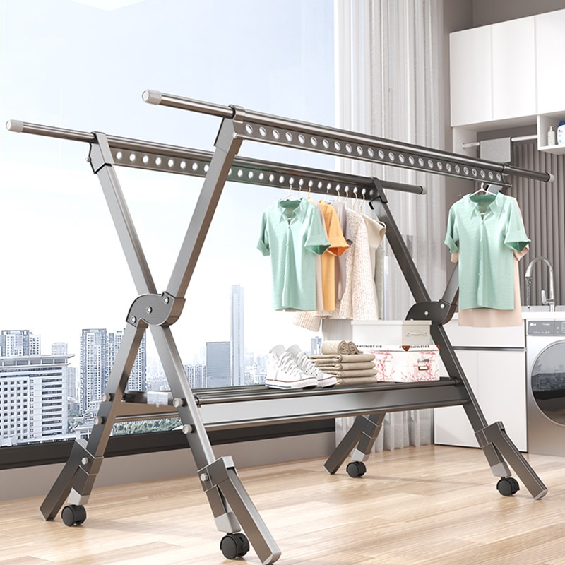 家用室内外X型折叠晾衣架加粗加厚落地式晒衣P架铝合金伸缩晾衣杆