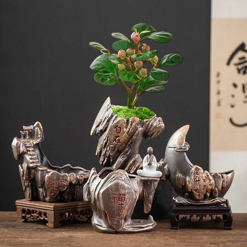 紫砂花盆家用复古兰花盆发财w树盆景盆绿植假山异形陶瓷文竹造景