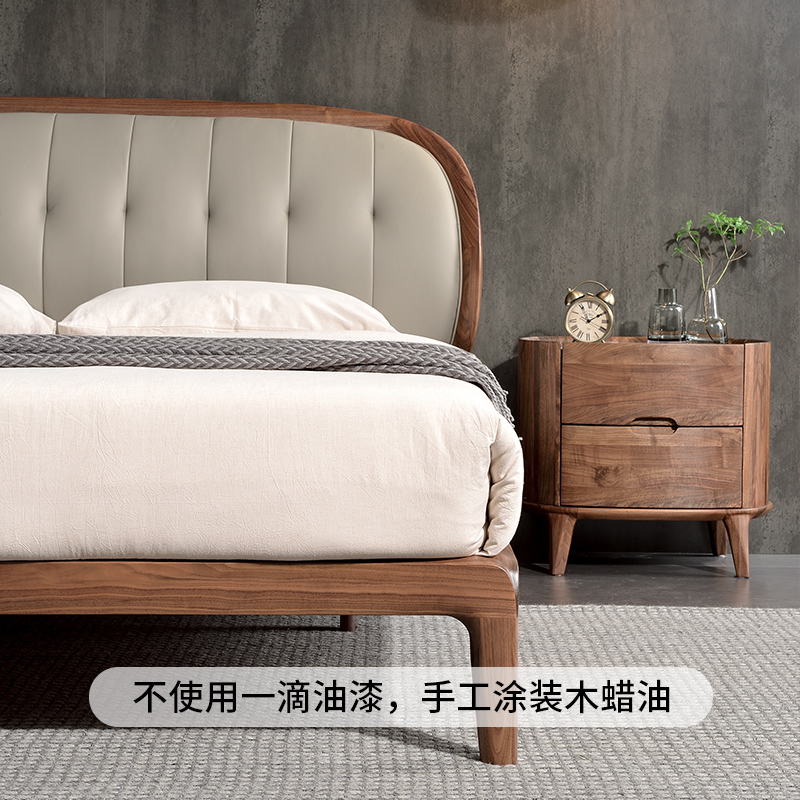 黑胡桃木床双人实木床意式s轻奢1.8米主卧真皮床婚床1.5卧室家具