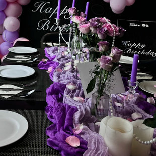 紫色纱桌布氛围感甜品台桌布婚礼生日派对沙龙场景布置装饰褶皱布