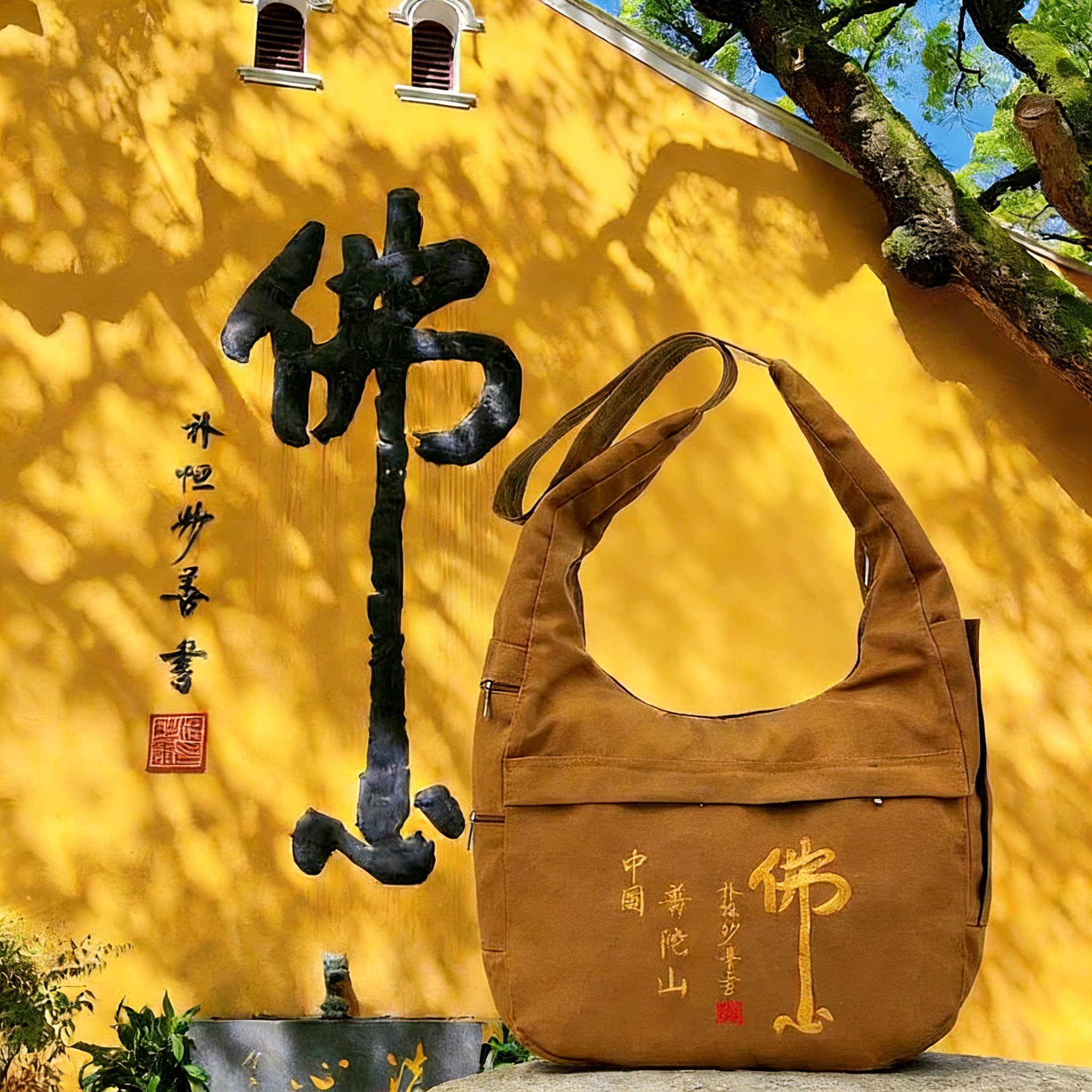 普陀山佛袋烧香袋背斜挎包居士禅包佛系帆布水桶包布钱袋子拜佛包图片