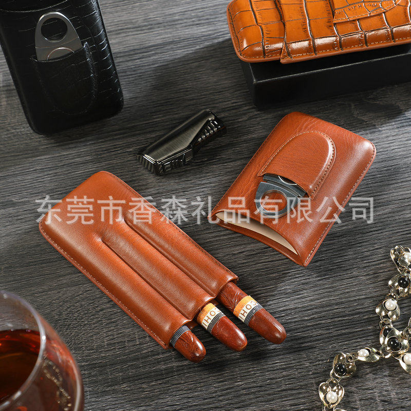 定制雪茄皮套便携式三支装 保湿雪茄套 配雪茄刀保湿套 精美礼盒