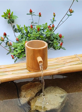 竹筒循环流水器不插电中式竹子鱼缸池钵盆太阳能竹子竹排摆件石槽