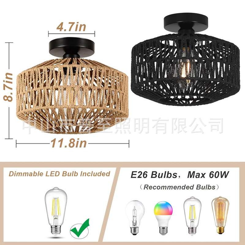 亚马逊藤编竹编灯具手工编织水草麻绳天花板灯波西米亚风格吸顶灯