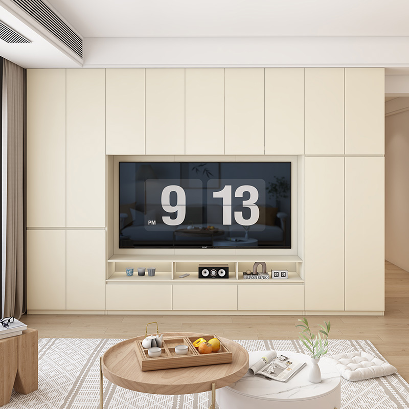 定制橡木满墙电视柜85寸白色全实木收纳储物一体客厅家用靠墙边柜