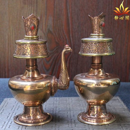 尼泊尔手工紫铜红铜净水瓶奔巴壶密宗灌顶供具贲巴壶摆件供水一对