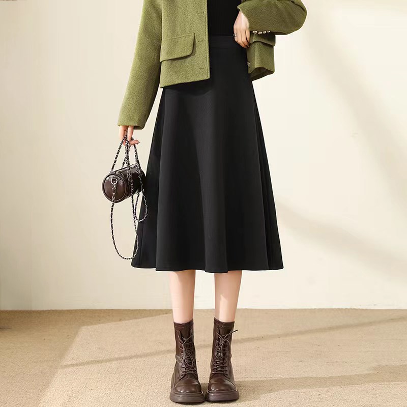 黑色毛呢a字半身裙女秋冬大码高腰垂感遮胯显瘦伞裙小个子中长款