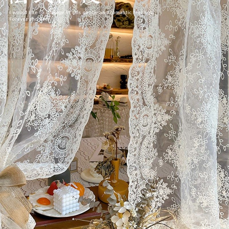 法式奶油米色蕾丝绣花纱帘厨房隔断半截帘飘窗窗帘入户落地窗门帘