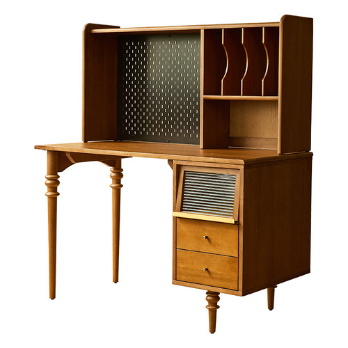 复古实木法式书桌书架一体书房客厅转角公桌学习桌多功能隔板收