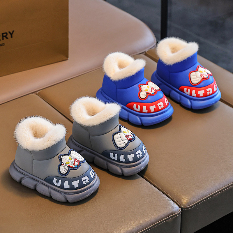 奥特曼儿童棉拖鞋秋冬季男童EVA卡通皮面防水中小童保暖包跟棉鞋