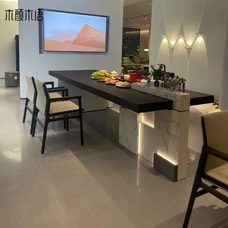 新中式岩板茶桌极简轻奢现代2024新款黑胡桃木高级感泡茶台办公室