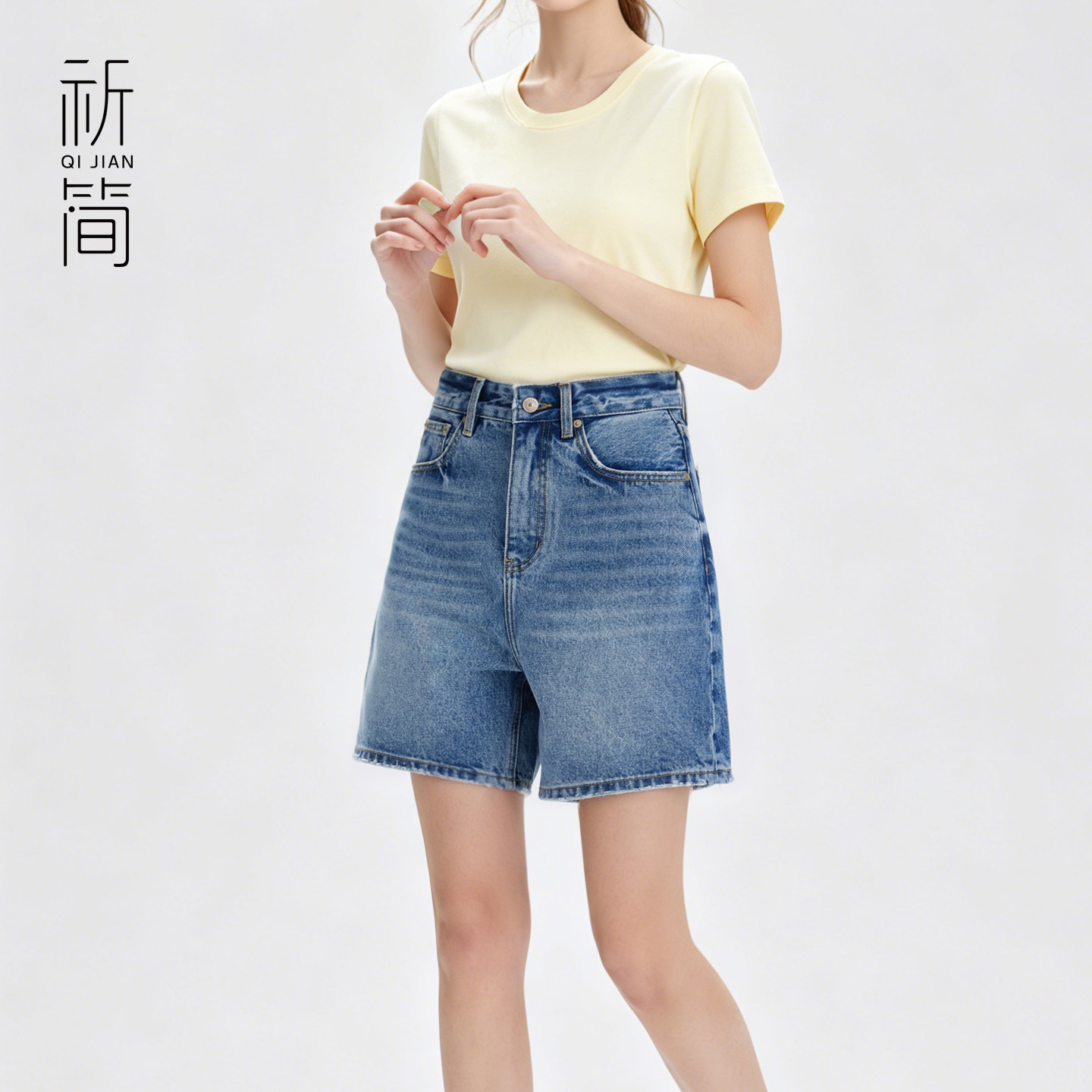 祈简复古高腰三分显瘦牛仔裤女