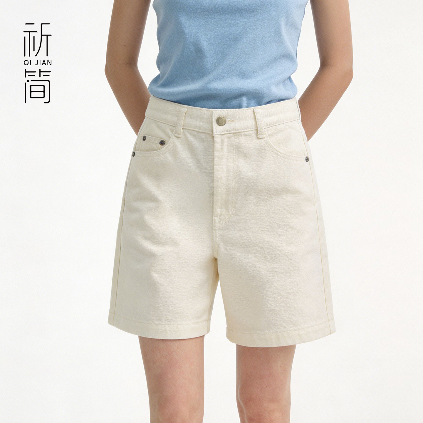 祈简夏薄天丝高腰显瘦牛仔短裤