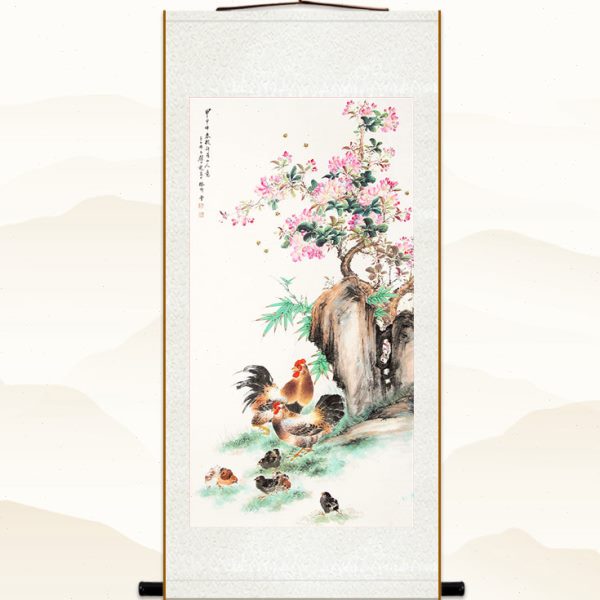 颜伯龙公鸡母鸡小鸡图 玄关书房客厅装饰画 国画丝绸画挂画定制图片