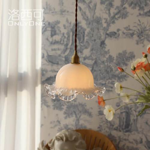 法式花苞小吊灯中古奶白玻璃 餐厅吧台阳台床头单头灯具