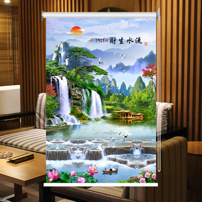 定制卷帘办公室客厅厨房卫生间山水画窗帘遮光防水U上下升降手拉